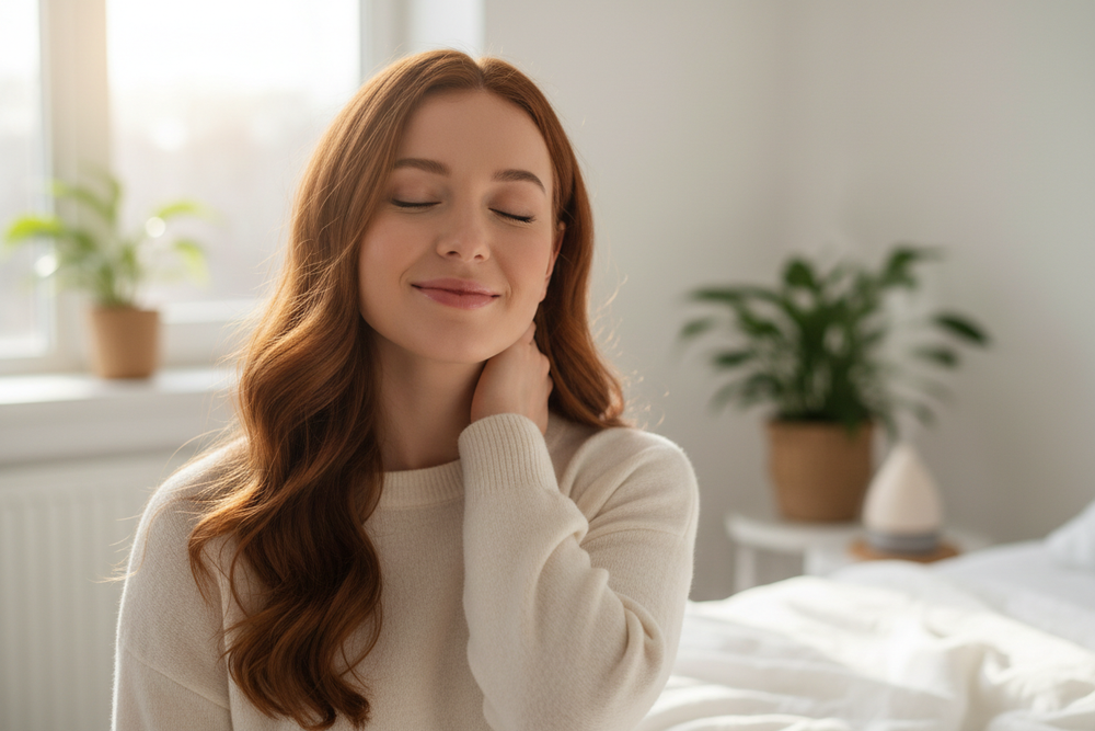 Beautiful woman rubbing her neck